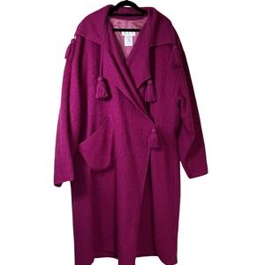 Vtg Linda Lundstrom Hot Pink Boiled Mohair Wool Long Coat Tasseled Oversized